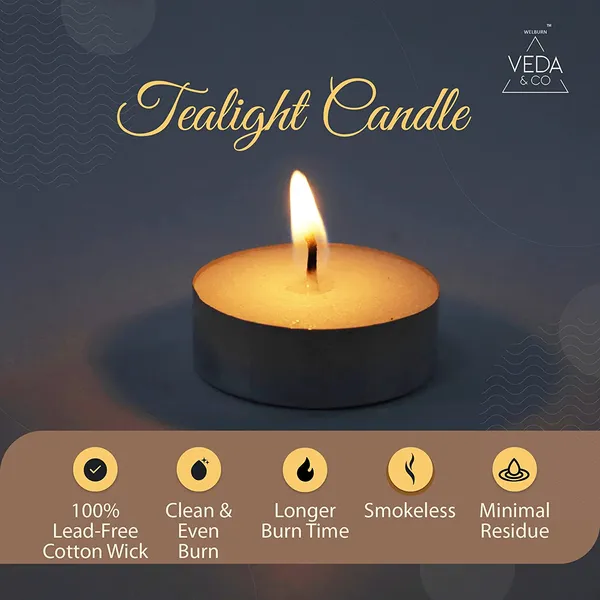 Welburn Veda & Co Pack of 100, Burns Upto 4 Hours,Wax Tealight Candles,100%  Fully Refined Paraffin Wax, Smokeless, Unscented, Dripless, for Home