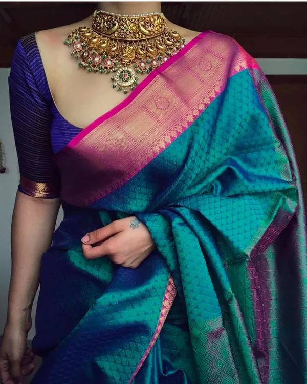 INDIAN LINEN SAREE Attractive Rama Colour Jaquard Banarasi Silk Saree ...