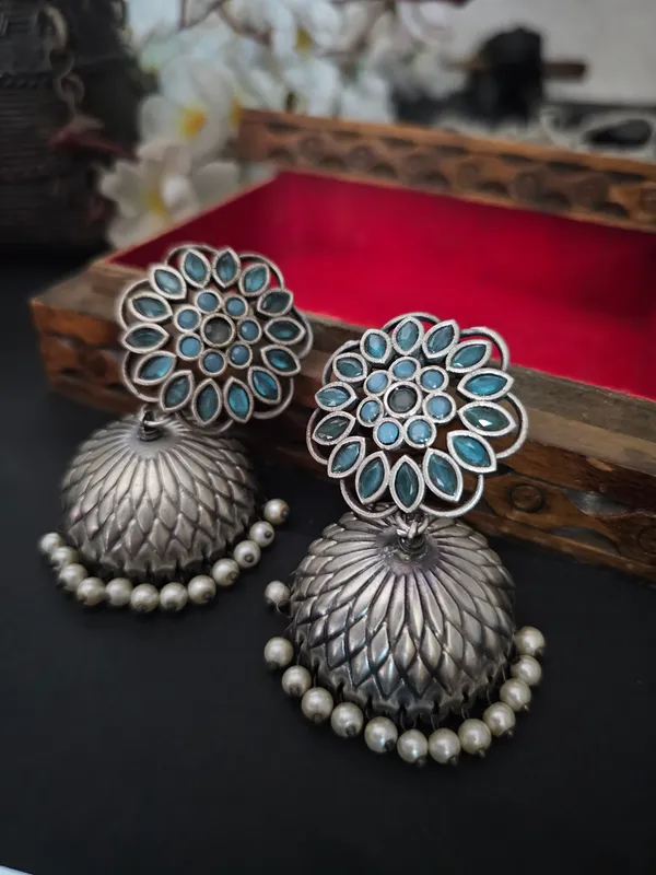 Binni s Wardrobe German silver blue stone jhumka Price in India