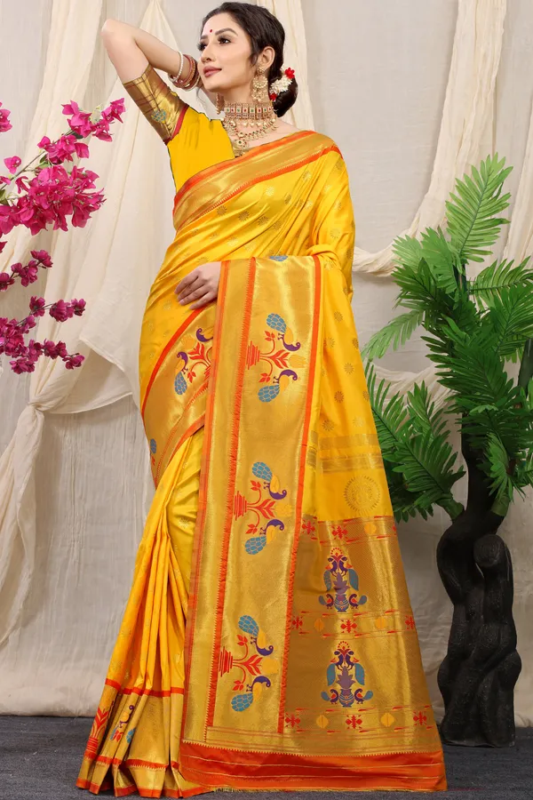 Hand Embroidery Work Banarasi Silk Turmeric Yellow Saree Online – Sunasa