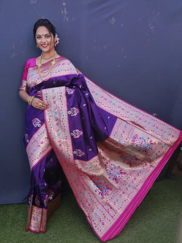 Buy Kshatriya Cloth stores Woman's Nauvari Paithani Saree Or Nine Yard Saree  In Magenta Colour With Light Mehendi Colour Border & Chintamani Blue  Combination Pallu. Online at desertcartINDIA