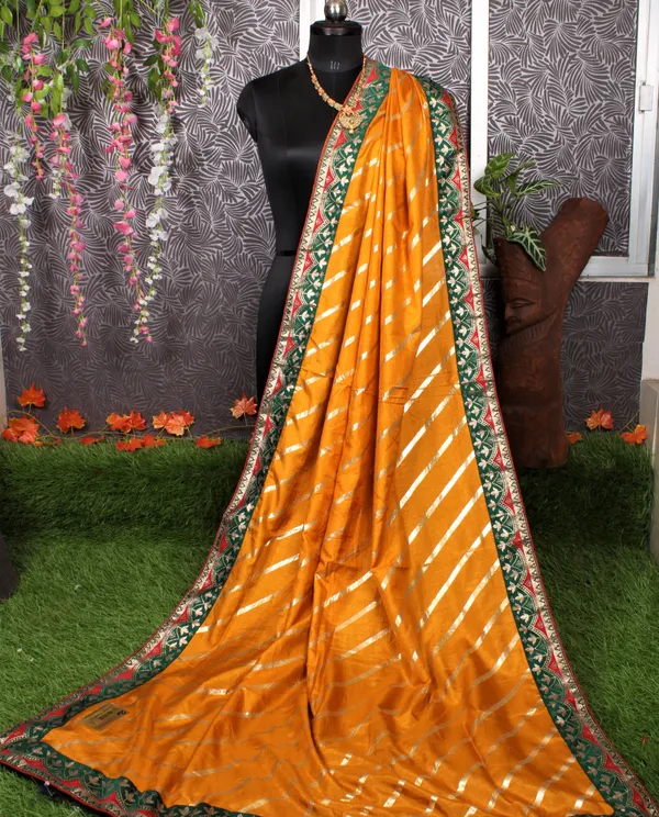 Orange Yellow Chinon Leheriya Saree With Zari And Resham Embroidery Work |  Kolour