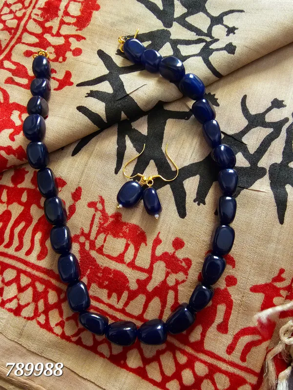 Large Navy Blue Ceramic Beads Necklace Vintage - Ruby Lane