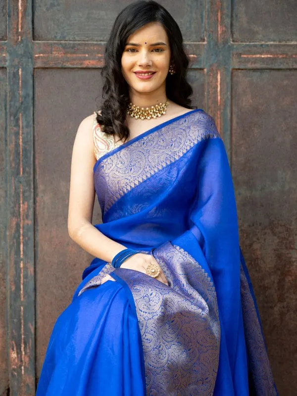 Kanjivaram Kanchipuram Soft copper Silk Saree With Jacquard Blouse Piece  for women (Blue violet)