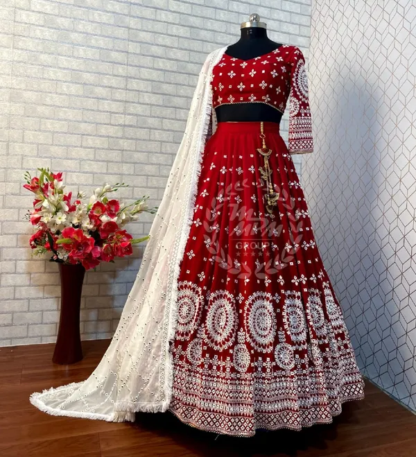 Buy Maroon Embroidered Cotton Party Wear Crop Top Lehenga Choli