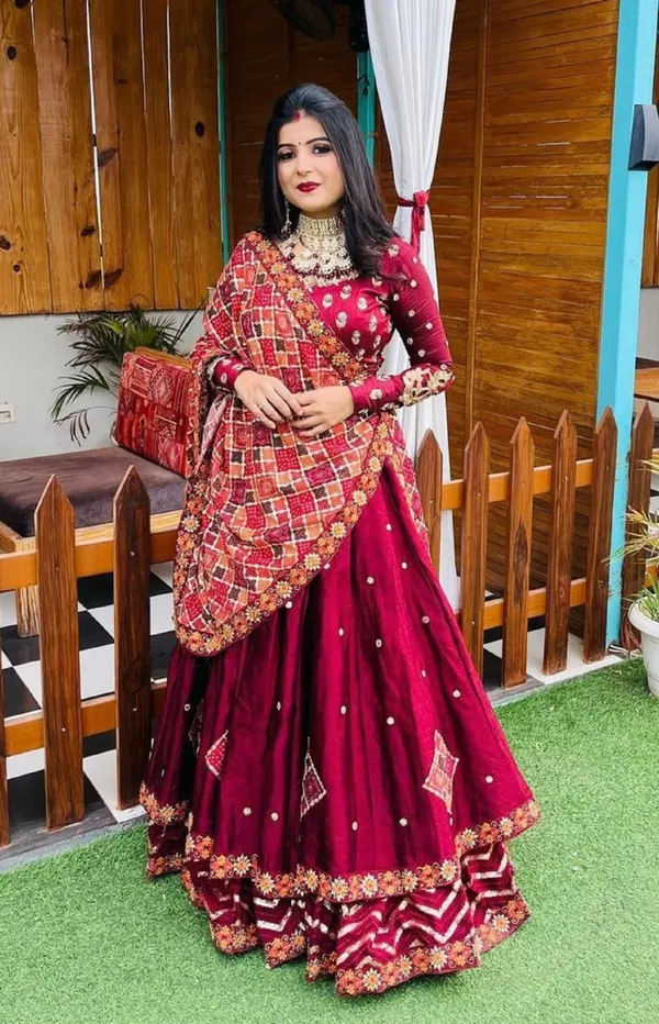 Buy Maroon Velvet Embroidered Lehenga Choli With Double Dupatta Online At  Zeel Clothing