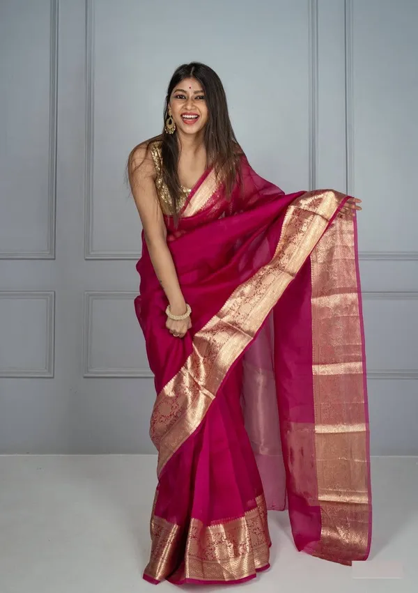 Womens Banarasi Soft Silk Saree In Pink Woven Design