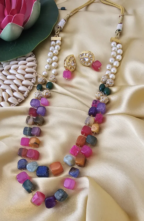 Binnis Handcrafted Beaded Lotus Necklace Set – Green & Gold, German Silver, Matching Earrings - View #7